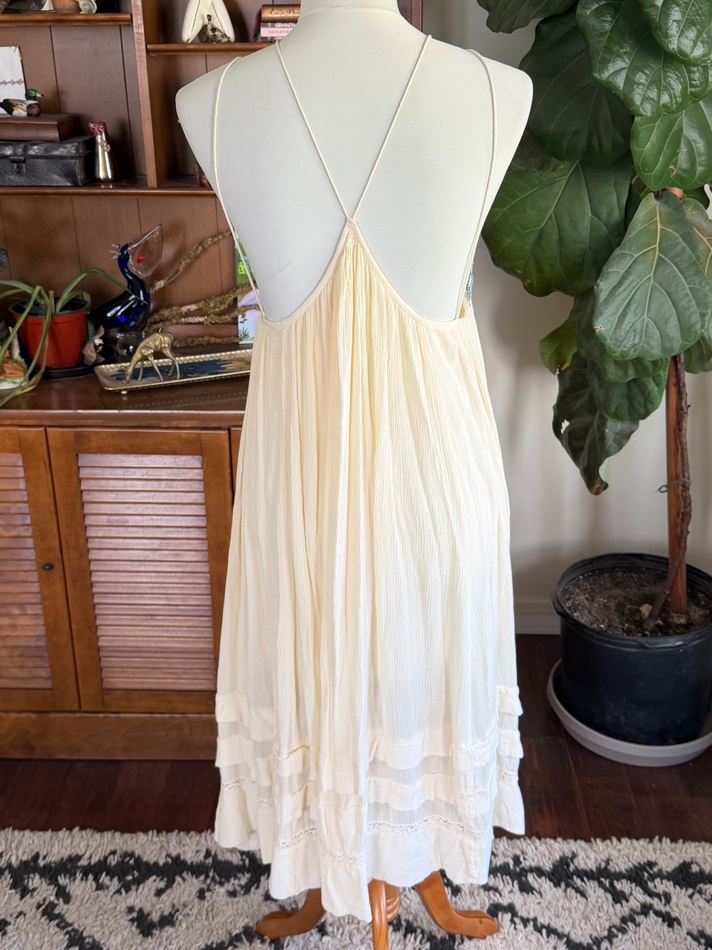Free People Diamond in the Sky Cream Blue Embroidered Boho Sun Midi Dress XS - Picture 9 of 15